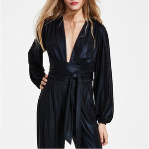 Leyden Women's Size Medium Shiny Black Tie-Waist Long-Sleeve V-Neck Crop Top NWT